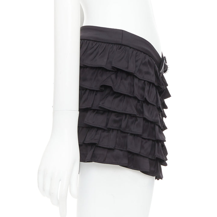 SHUSHU TONG black viscose ruffle tiered crystal bow mini shorts UK6 XS