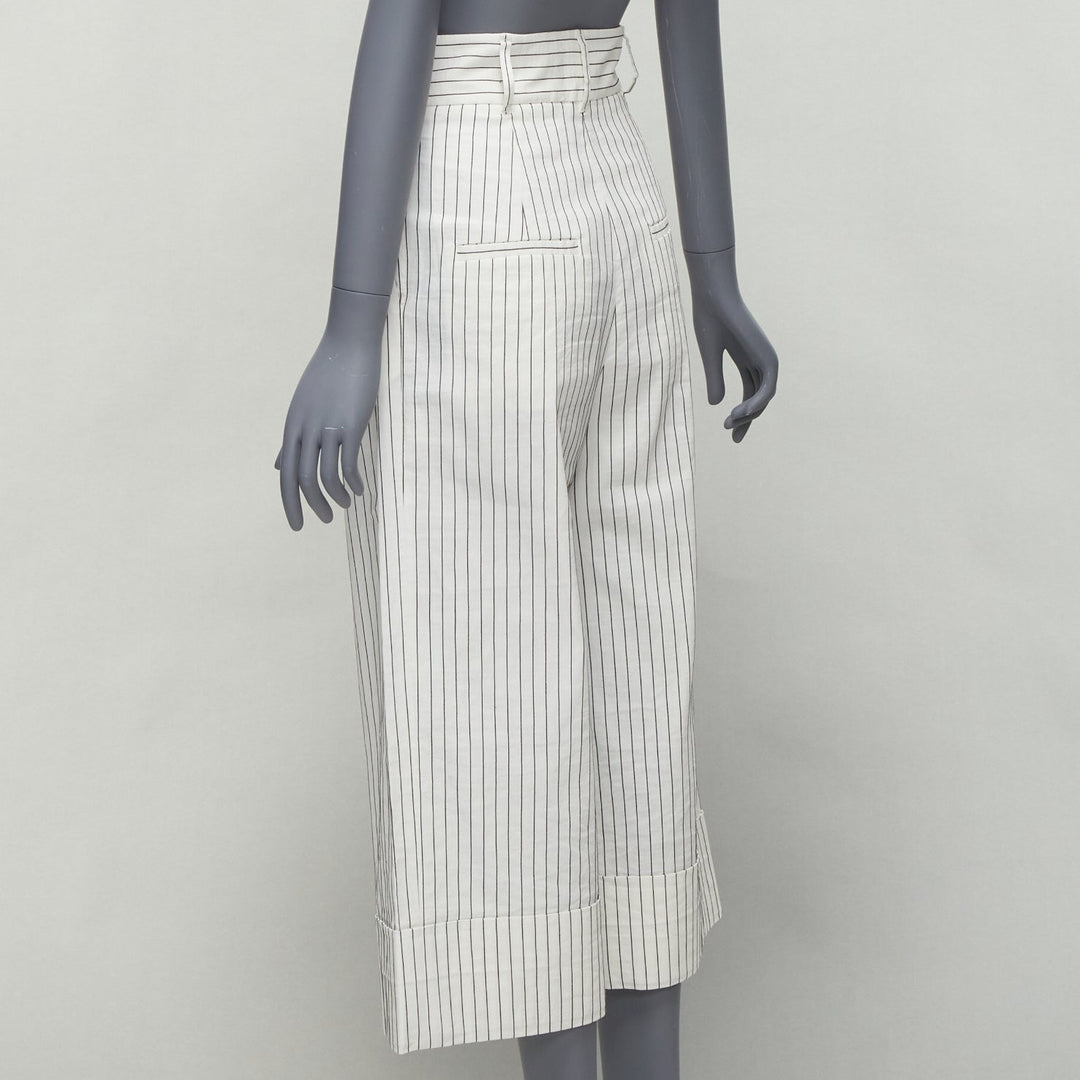 TIBI white black pinstriped linen pleated front wide leg cropped pants US0 XS