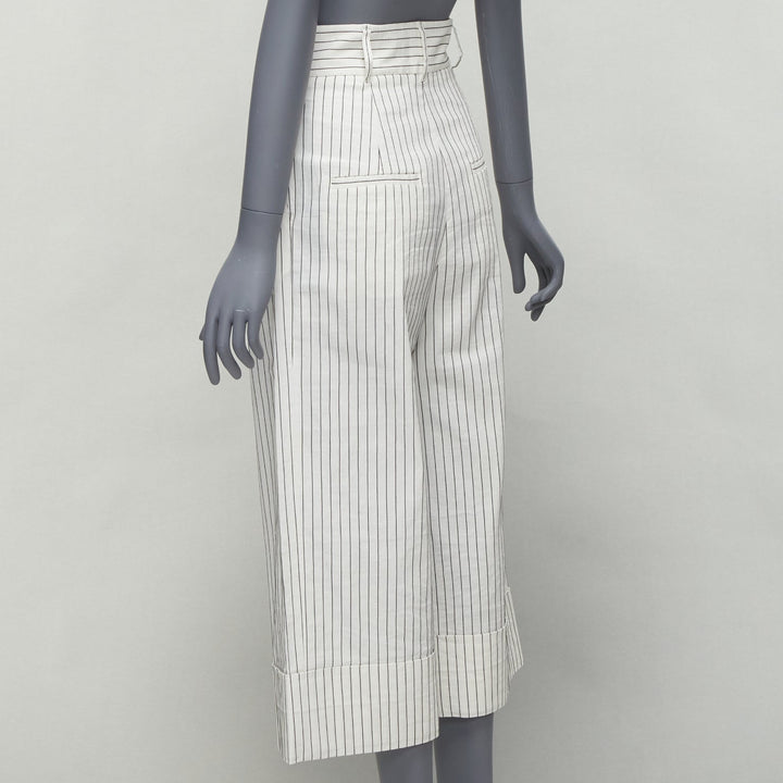 TIBI white black pinstriped linen pleated front wide leg cropped pants US0 XS