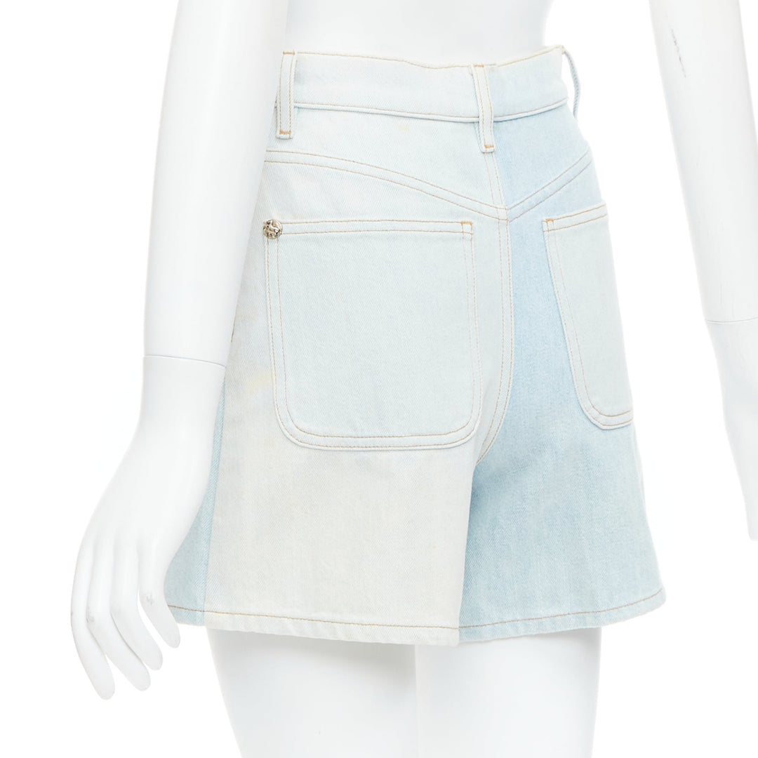 CHANEL 2018 Runway light blue washed denim horse buttons shorts FR34 XS