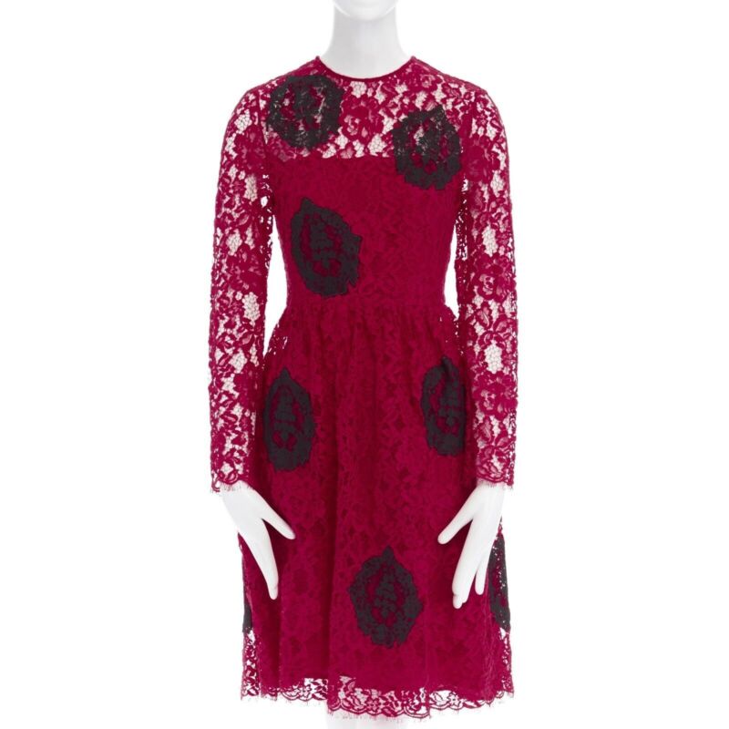 HUISHAN ZHANG red floral embroidered lace black spot flared cocktail dress US4 S