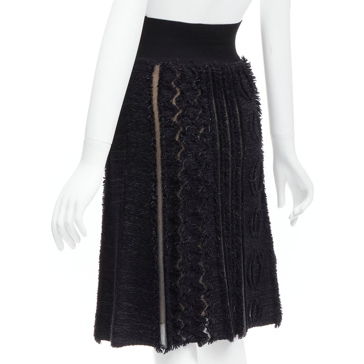 LOUIS VUITTON black wool blend grey lucid mesh cutout knit knee skirt XS