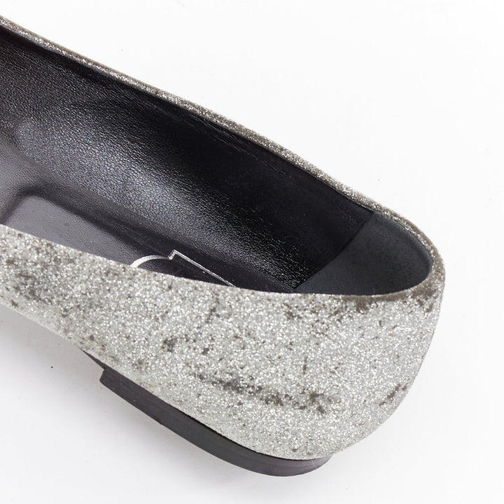 ROGER VIVIER silver glitter crystal buckle pointy toe ballerina flats EU37