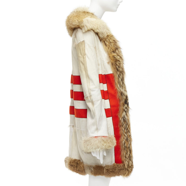 BALENCIAGA 2007 cream red 100% wool brown genuine fur lined longline coat FR36 S