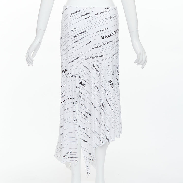 BALENCIAGA Demna 2018 white black logo print asymmetric midi skirt FR38 M