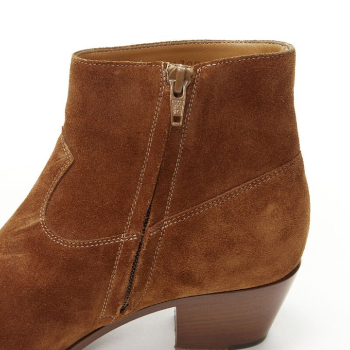 SAINT LAURENT Wyatt tan brown suede almond toe cuban bootie EU38