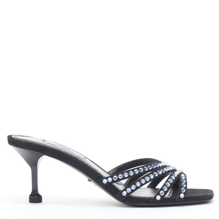 PRADA 2019 blue crystal rhinestone strappy open toe mid heel sandal EU36
