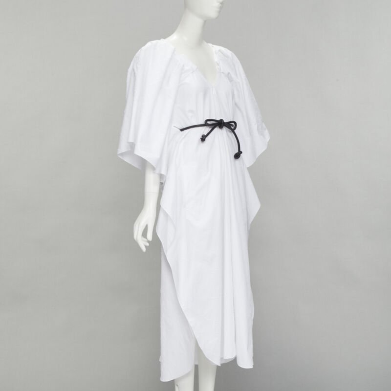 ROLAND MOURET 2021 Lange white needlepoint poplin leather cord belt dress XS