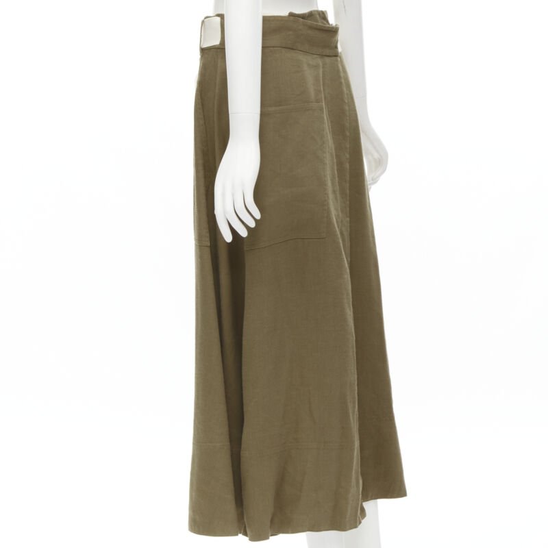 TIBI safari brown linen blend wide canvas belted wrap midi skirt US6 S