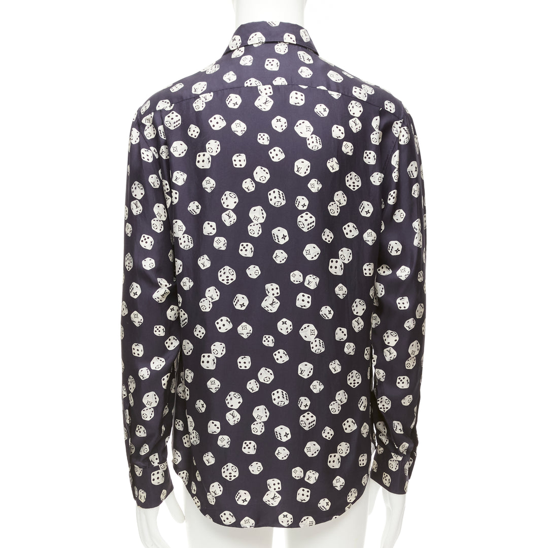 LOUIS VUITTON navy cream 100% silk LV logo dice print regular fit shirt M