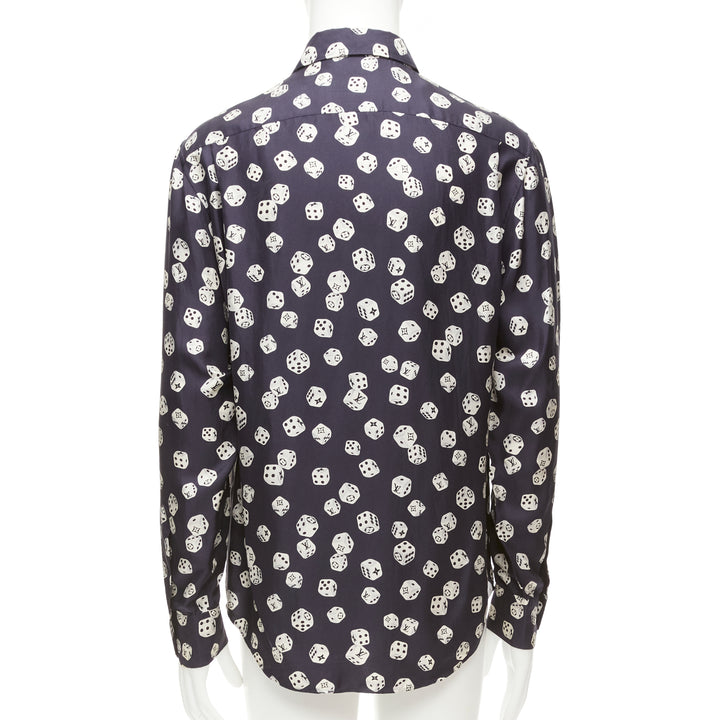 LOUIS VUITTON navy cream 100% silk LV logo dice print regular fit shirt M