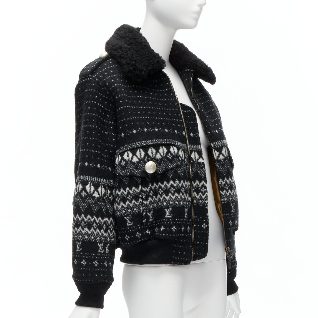 LOUIS VUITTON black LV logo intarsia argyle wool boxy aviator jacket FR34 XS