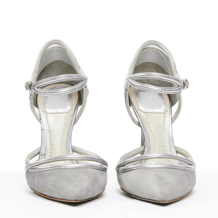 DIOR Raf Simons grey suede metallic silver trims strappy pumps EU35.5