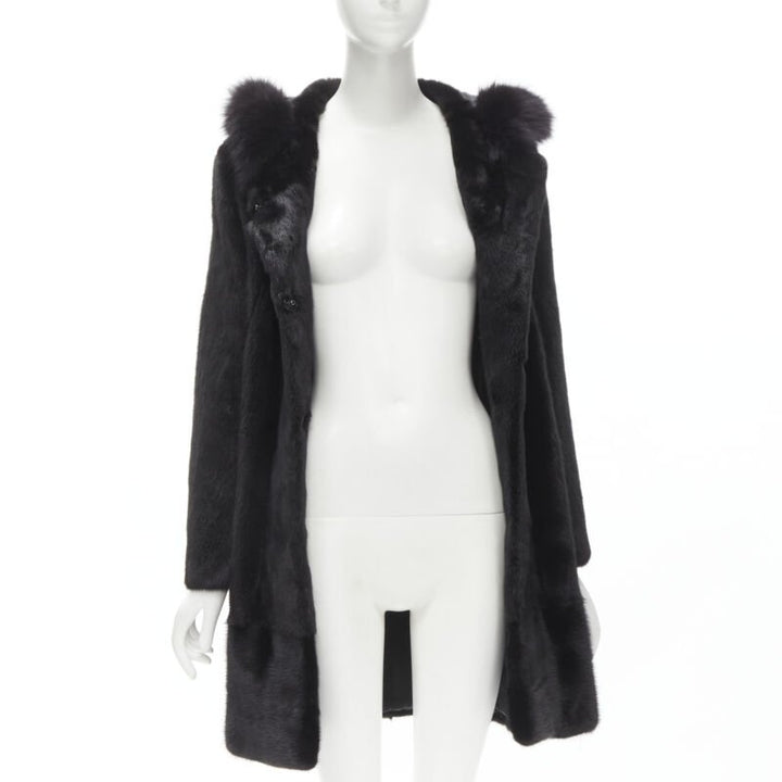 ISLA black fur long sleeve snap button hooded jacket IT42