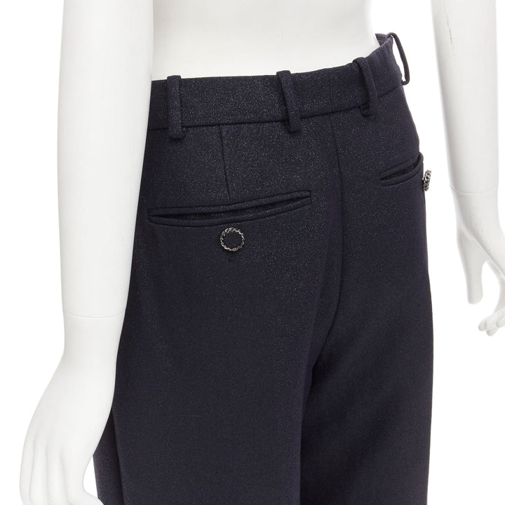 CHANEL  metallic black pleated front chain trimmed wide leg pants FR40 M