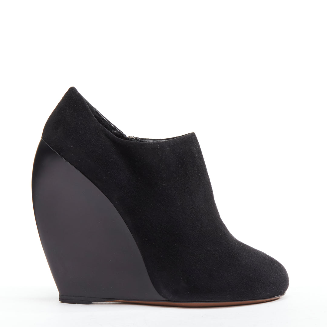 AZZEDINE ALAIA black suede curved wedge round toe ankle bootie EU37