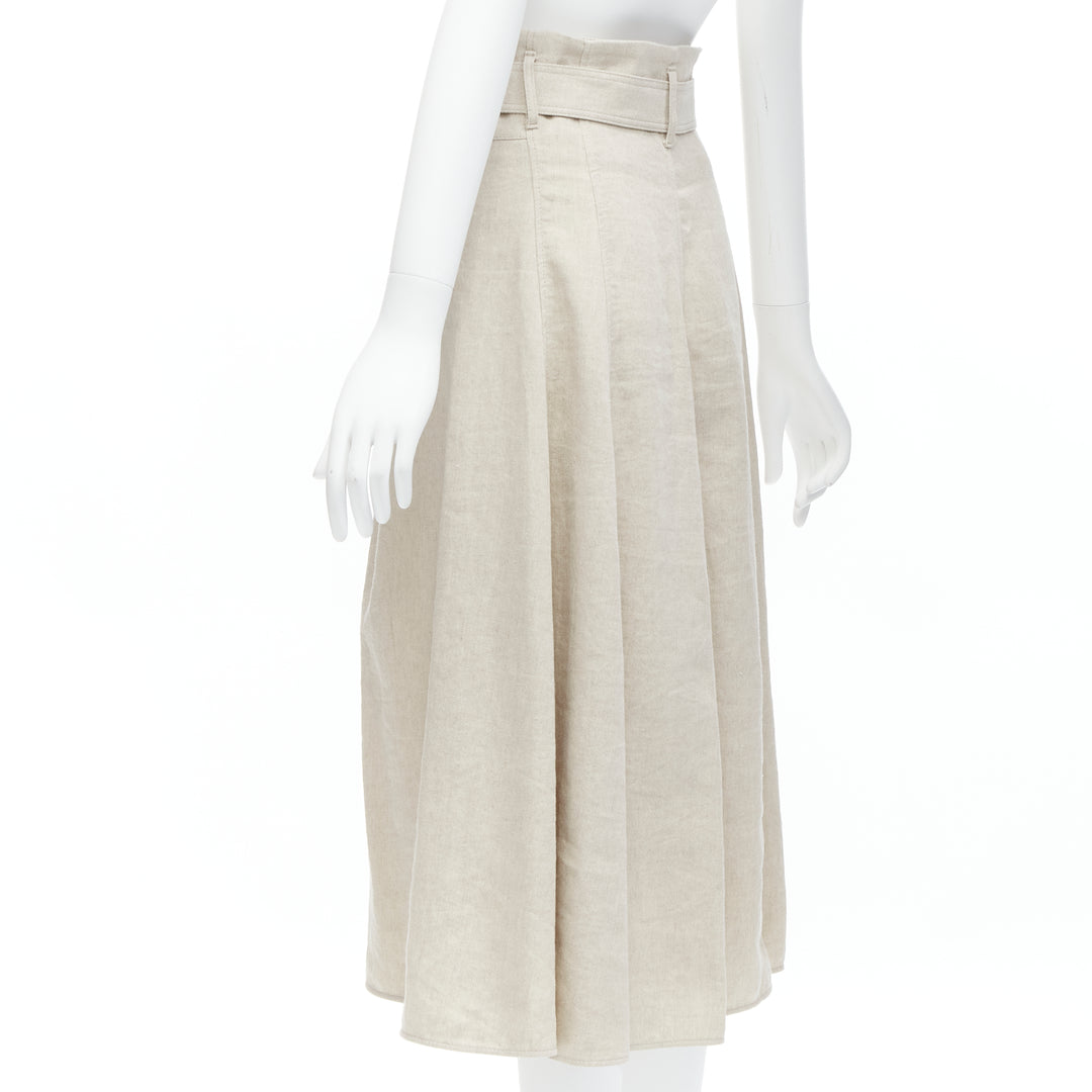 BRUNELLO CUCINELLI beige cotton linen tie belt A-line midi skirt IT40 S