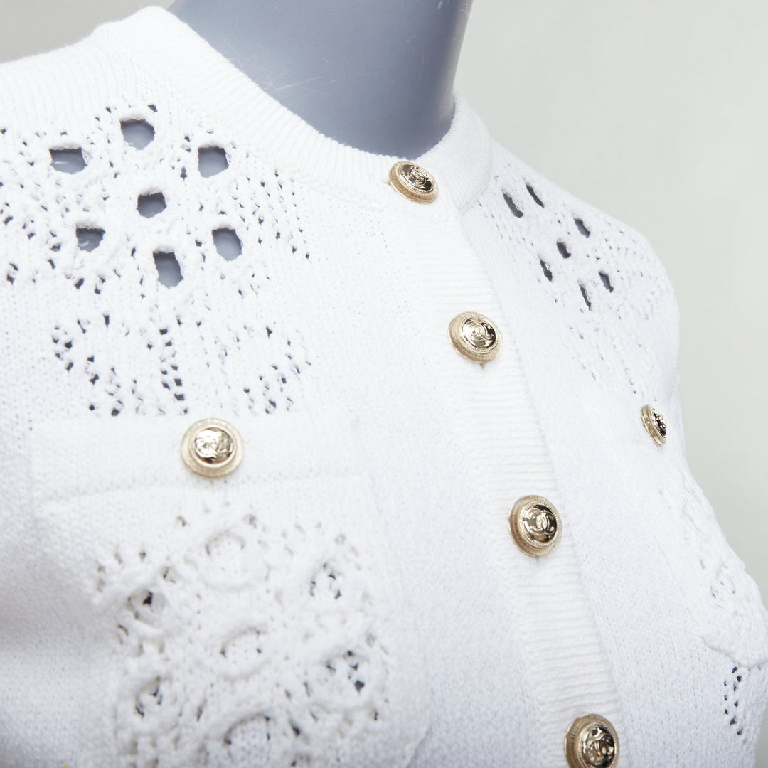 CHANEL 2021 white cotton gold CC button crochet knit cropped cardigan FR34 XS
