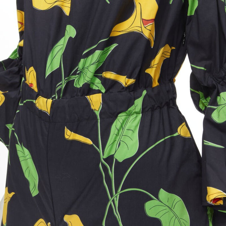 LE DOUBLE J Mantero black green yellow leaf print cotton flared cuff romper XS
