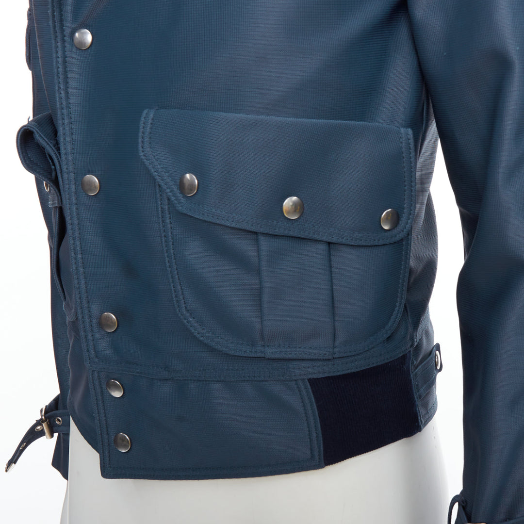 BALENCIAGA 2003 blue silver snap buttons cropped moto biker jacket FR46 S