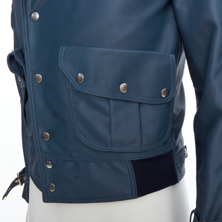 BALENCIAGA 2003 blue silver snap buttons cropped moto biker jacket FR46 S