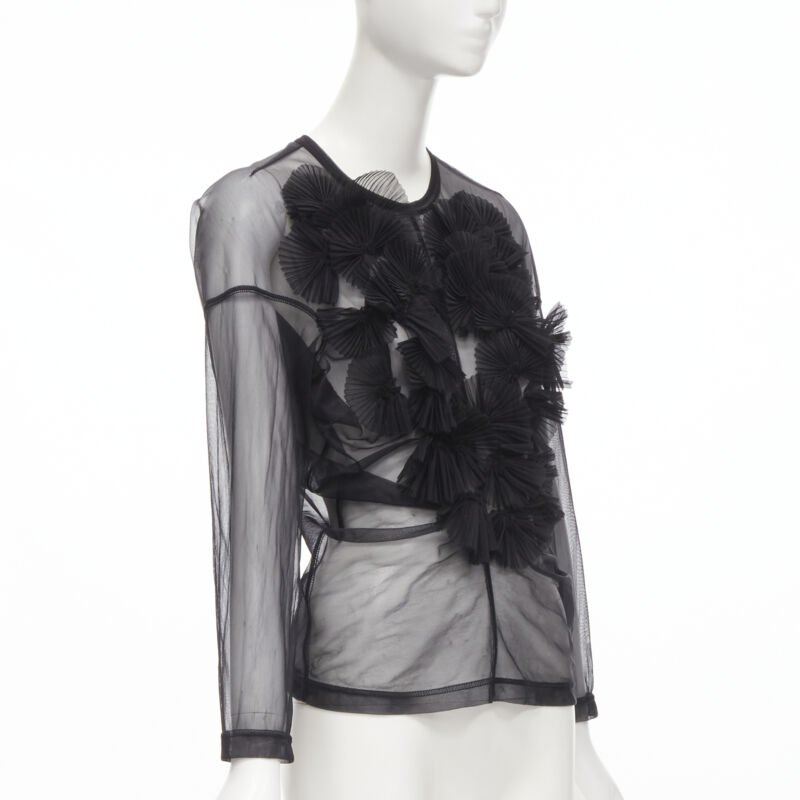 vintage COMME DES GARCONS 1990 black pleated fan ruffle sheer top S