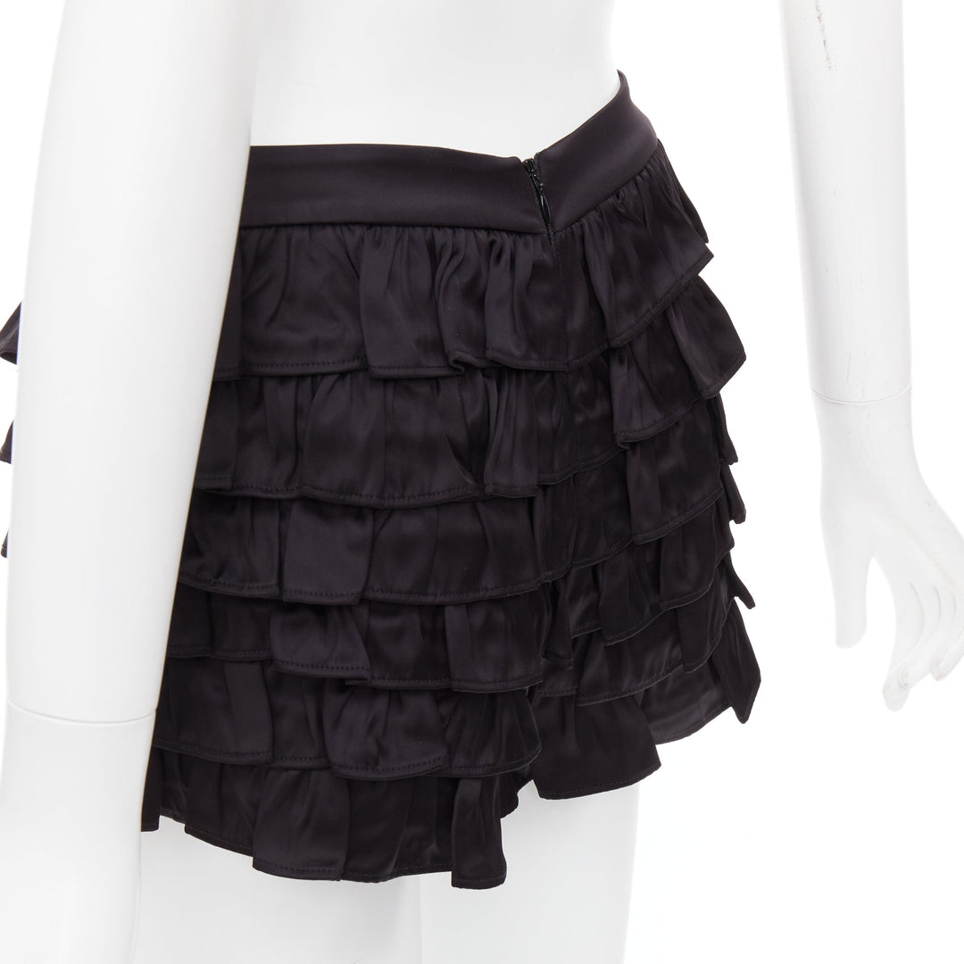 SHUSHU TONG black viscose ruffle tiered crystal bow mini shorts UK6 XS