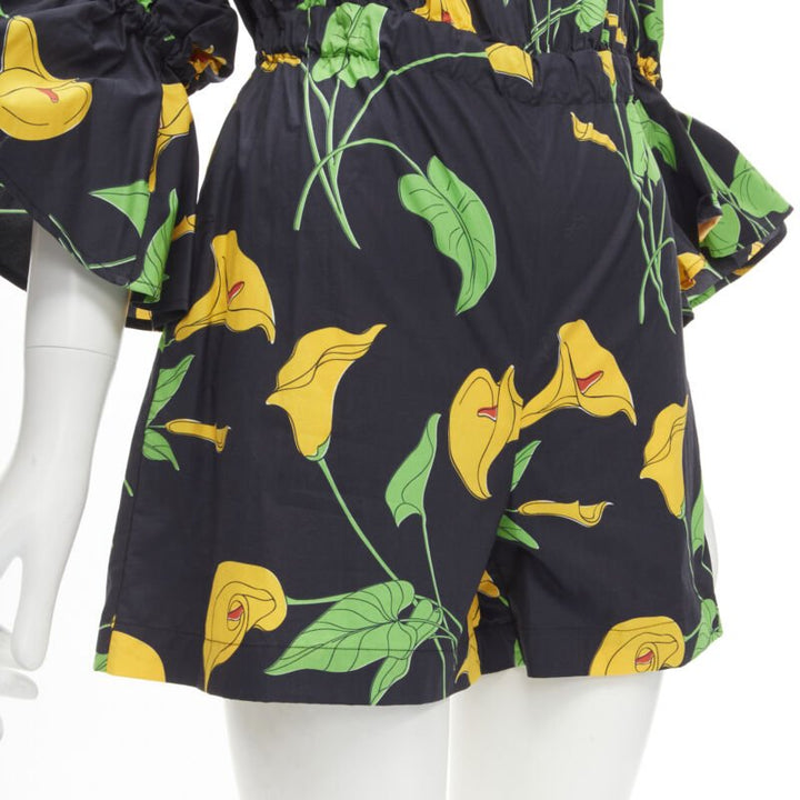 LE DOUBLE J Mantero black green yellow leaf print cotton flared cuff romper XS