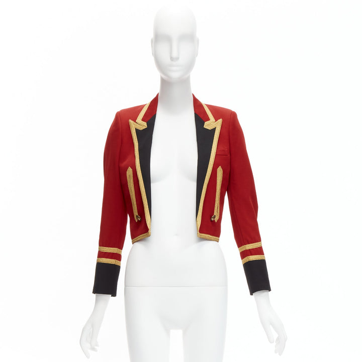 SAINT LAURENT 2014 Spencer red wool military gold cropped officer jacket FR34 XS