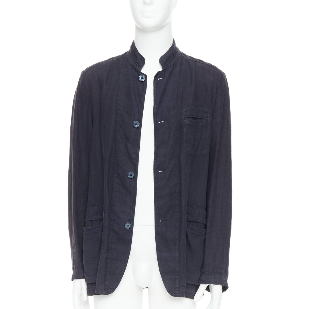 ERMENEGILDO ZEGNA navy linen 3 pockets stand collar light blazer IT48 M