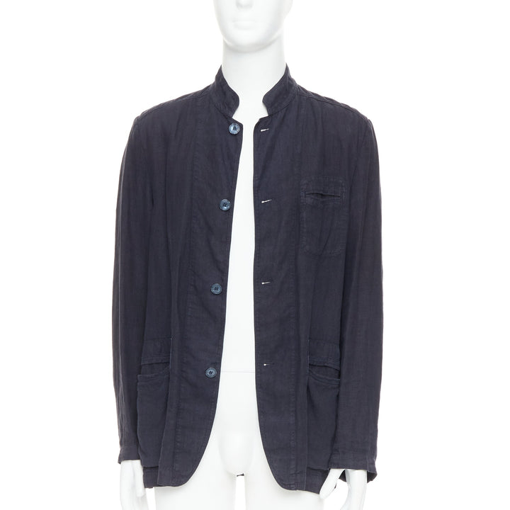 ERMENEGILDO ZEGNA navy linen 3 pockets stand collar light blazer IT48 M