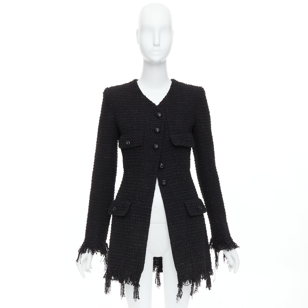 CHANEL 22C Runway black tweed fringe trim 4 pocket long jacket FR36 S