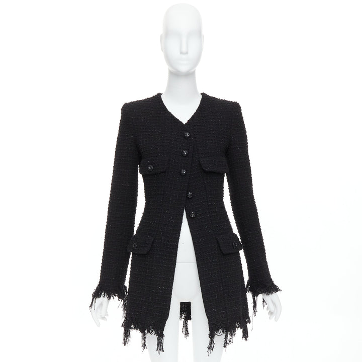 CHANEL 22C Runway black tweed fringe trim 4 pocket long jacket FR36 S