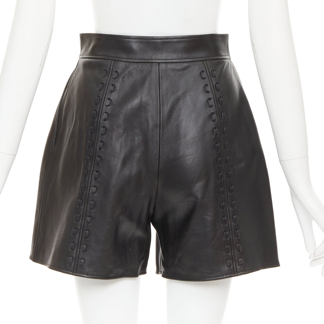 ALEXANDER MCQUEEN Sarah Burton 2021 black leather overstitch mini shorts IT38 XS