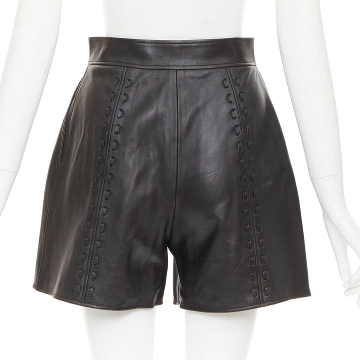 ALEXANDER MCQUEEN Sarah Burton 2021 black leather overstitch mini shorts IT38 XS