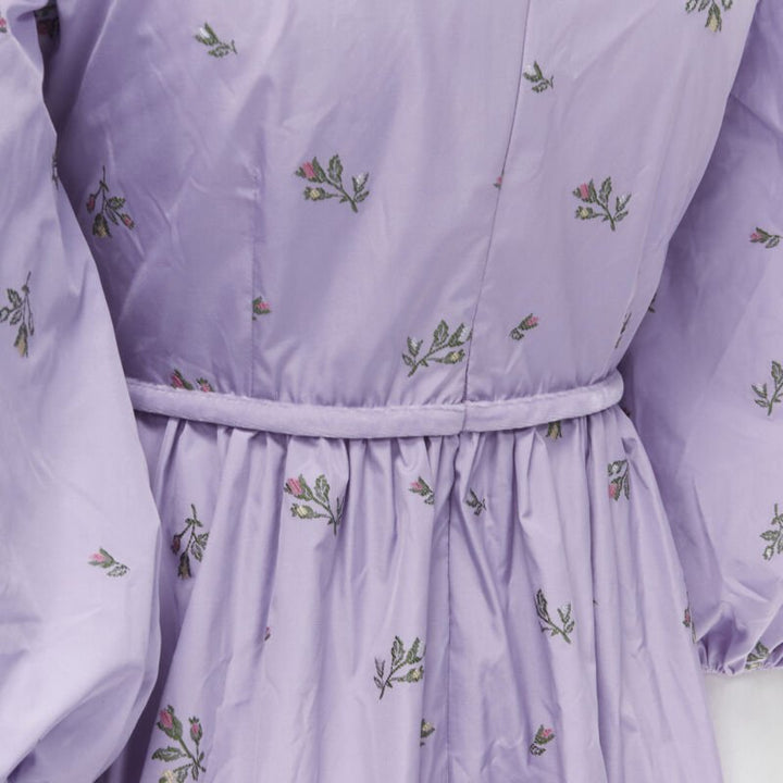 RED VALENTINO purple floral embroidery bow puff sleeve babydoll dress IT36 XS