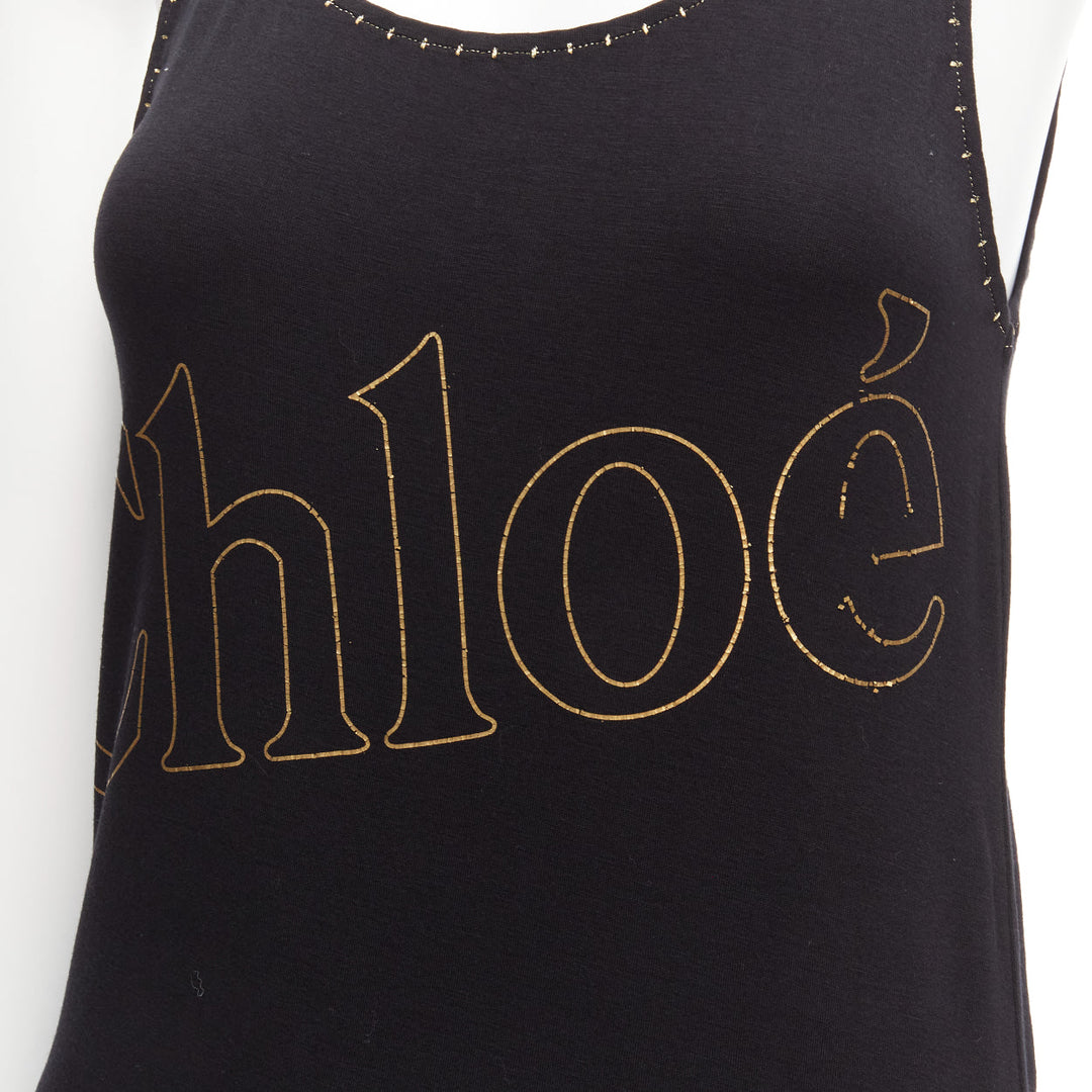 CHLOE gold foil logo black topstitch detail rock chic tank top dress S