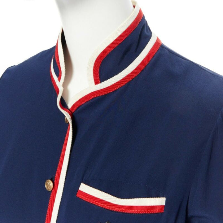 GUCCI navy tricolour ladybird ladybug embellish brooch badge silk shirt IT36 XXS