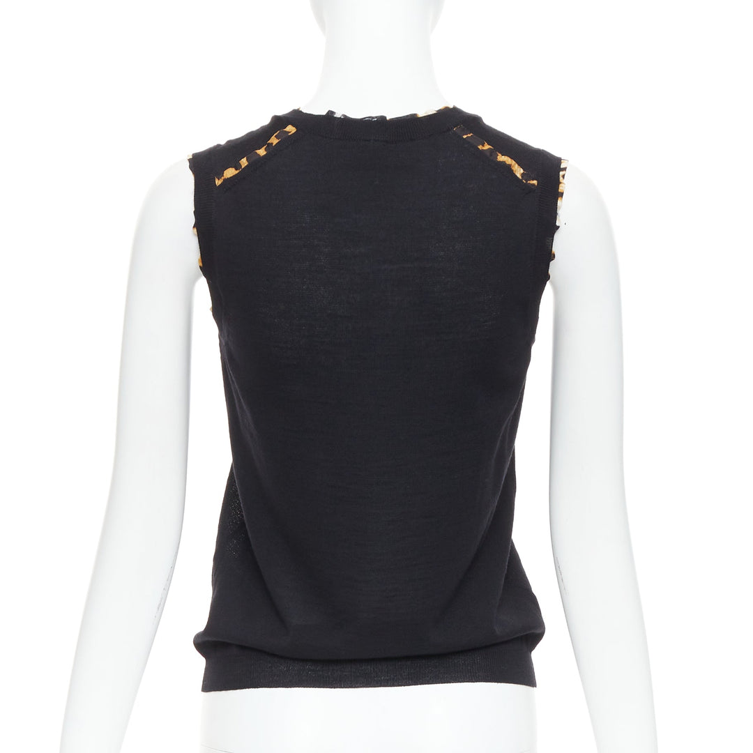 YVES SAINT LAURENT black virgin wool leopard silk trim sweater vest S