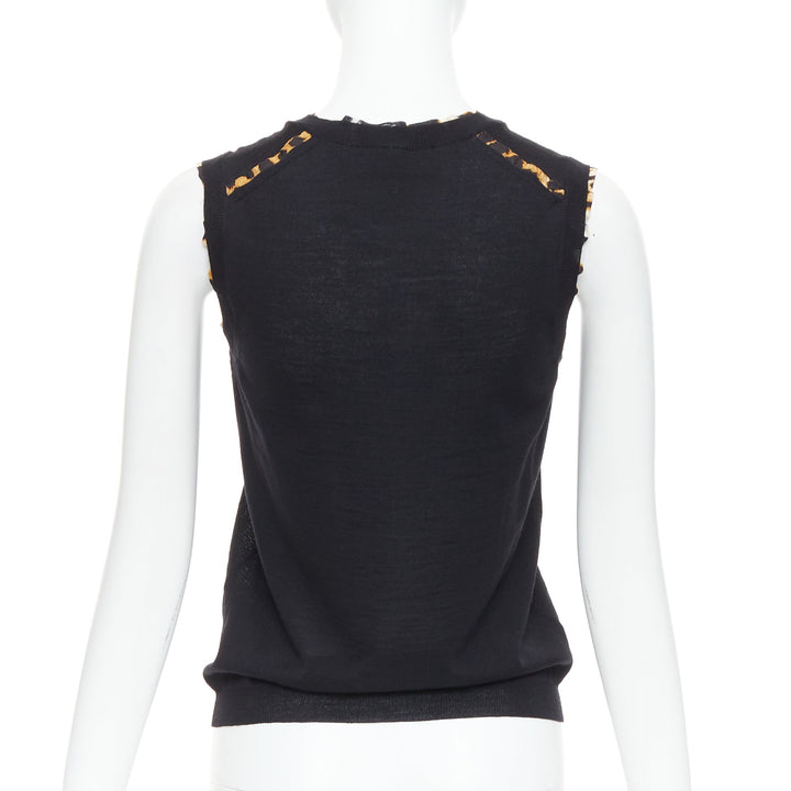 YVES SAINT LAURENT black virgin wool leopard silk trim sweater vest S