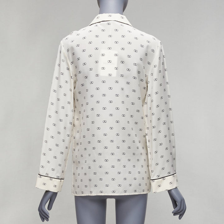 VALENTINO cream 100% silk V logo black piping collared pajama shirt IT36 XXS