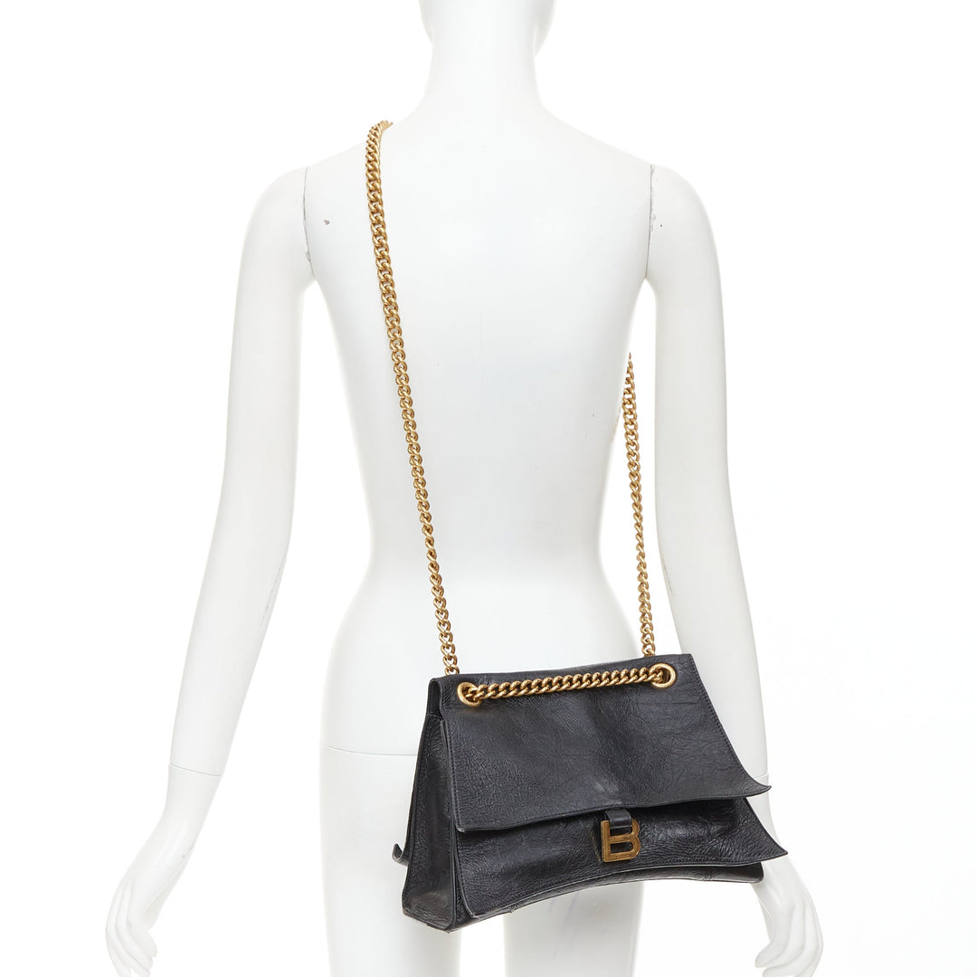 BALENCIAGA Crush Medum  black textured leather gold B chain flap shoulder bag