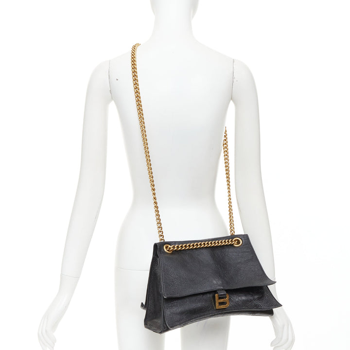 BALENCIAGA Crush Medum  black textured leather gold B chain flap shoulder bag