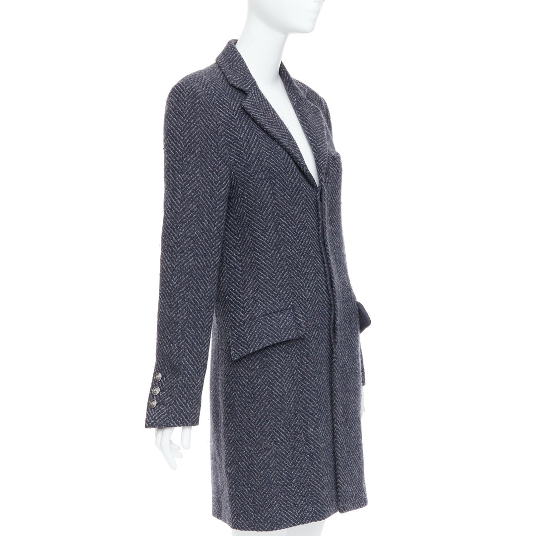 CHANEL Karl Lagerfeld 08A grey navy herringbone tweed long coat FR46 3XL