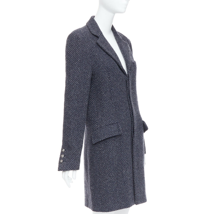 CHANEL Karl Lagerfeld 08A grey navy herringbone tweed long coat FR46 3XL