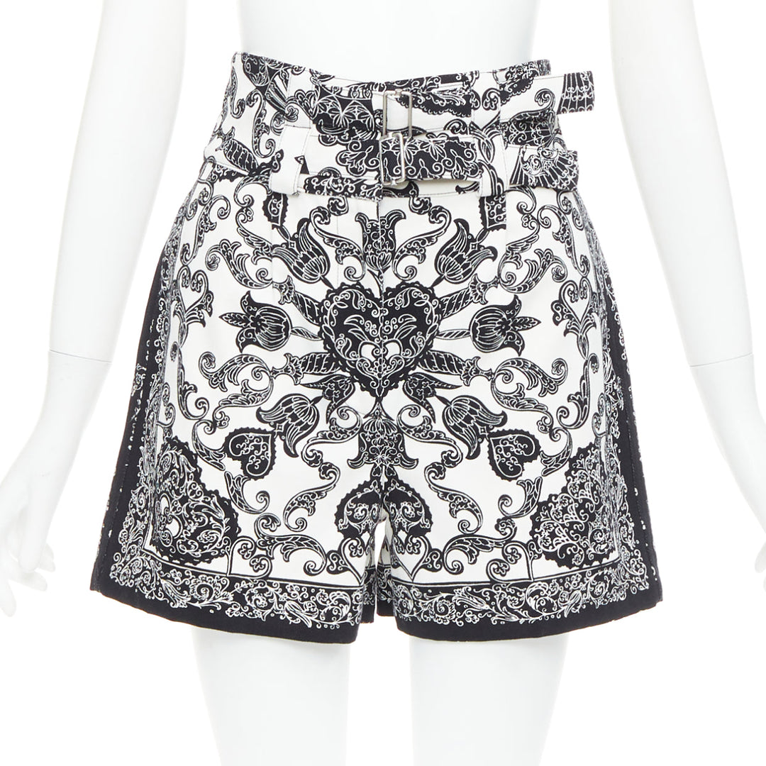 CHRISTIAN DIOR black white cotton handkerchief double belt shorts FR34 XS