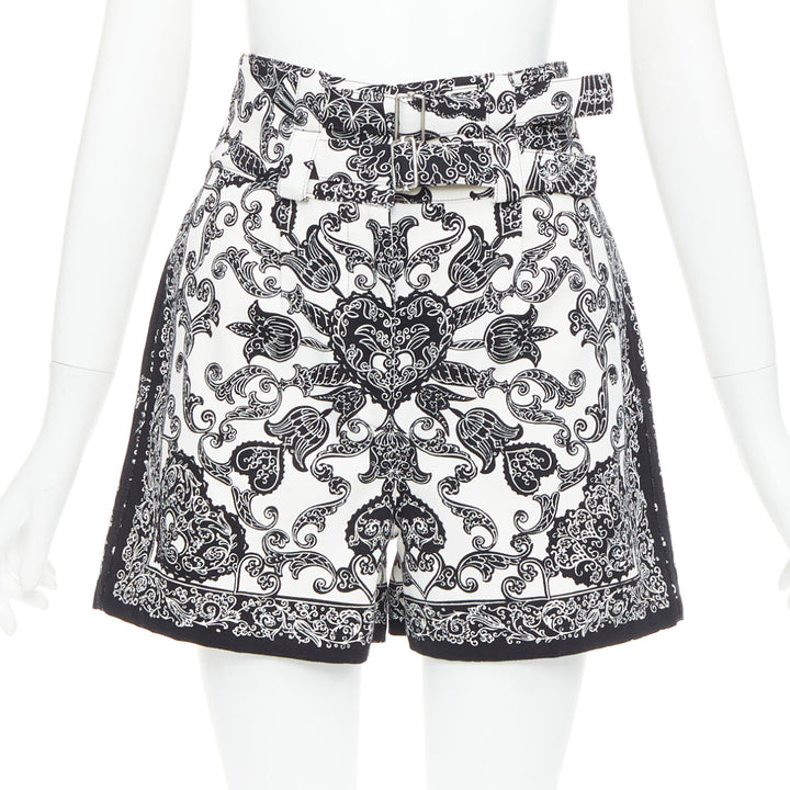 CHRISTIAN DIOR black white cotton handkerchief double belt shorts FR34 XS