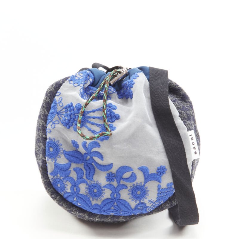 SACAI Transformable mixed fabric wool drawstring bucket crossbody tote bag