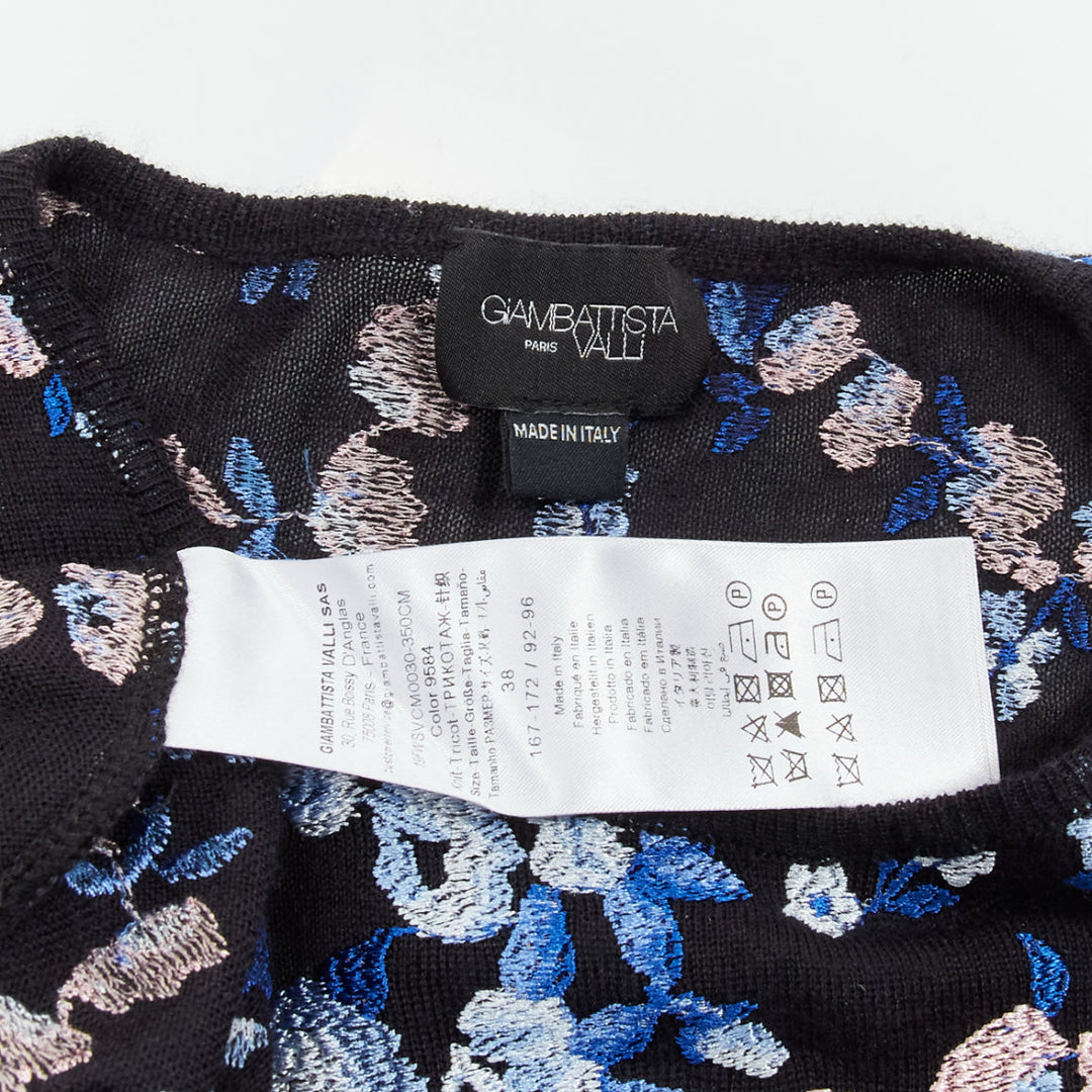 GIAMBATTISTA VALLI black cashmere silk blue pink flower embroidery top IT38 XS