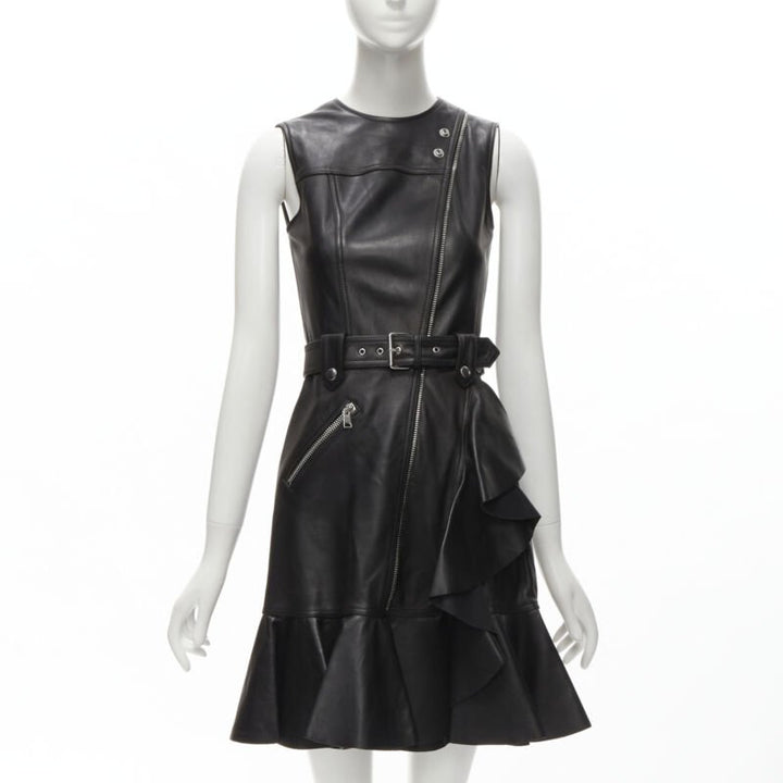 ALEXANDER MCQUEEN 2022 black leather biker belted ruffle trim dress IT38 XS